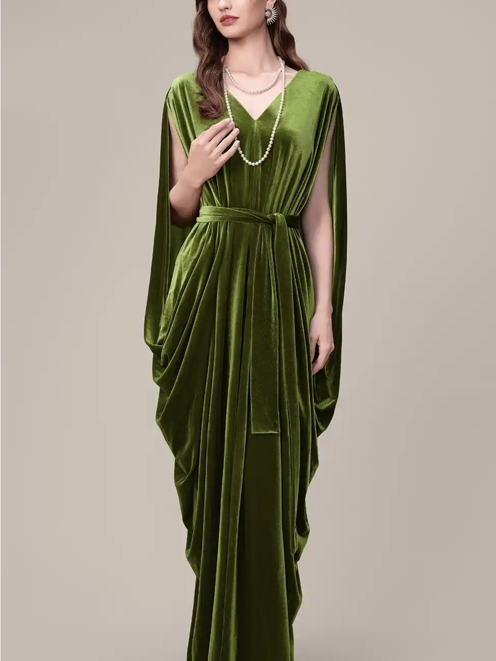 JJs House Olive Green Velvet Draped Gown